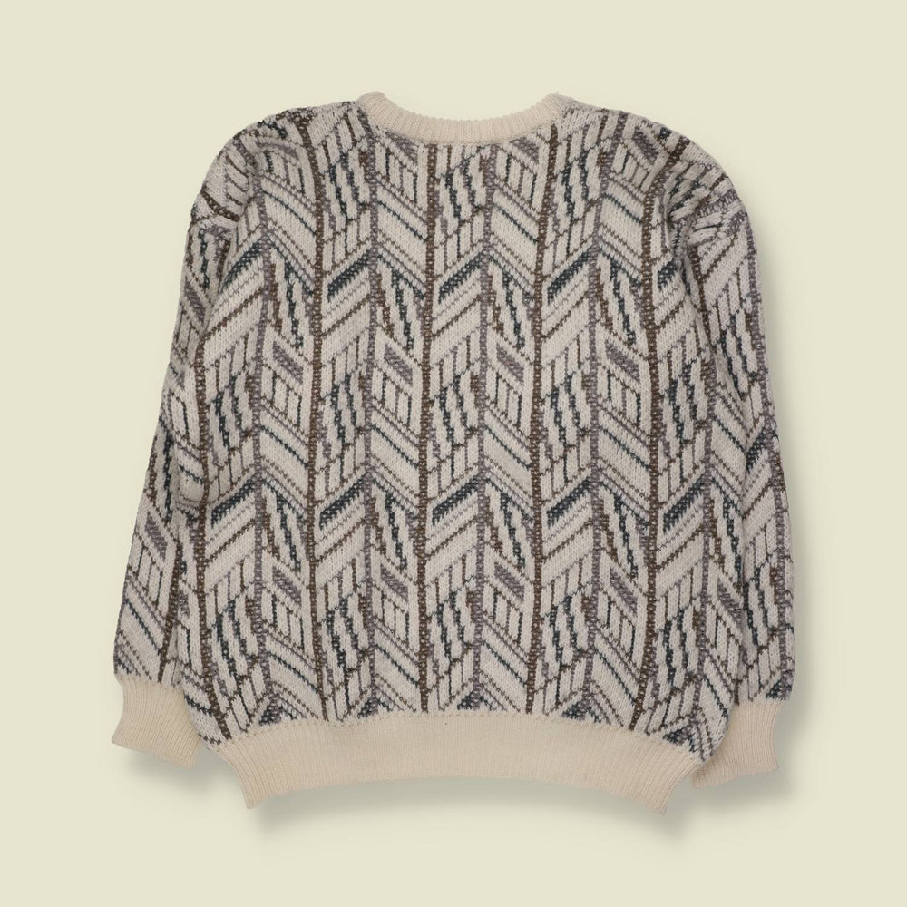 1980s | Geometric Pattern Knit Sweater | Cream, Brown & Grey - M