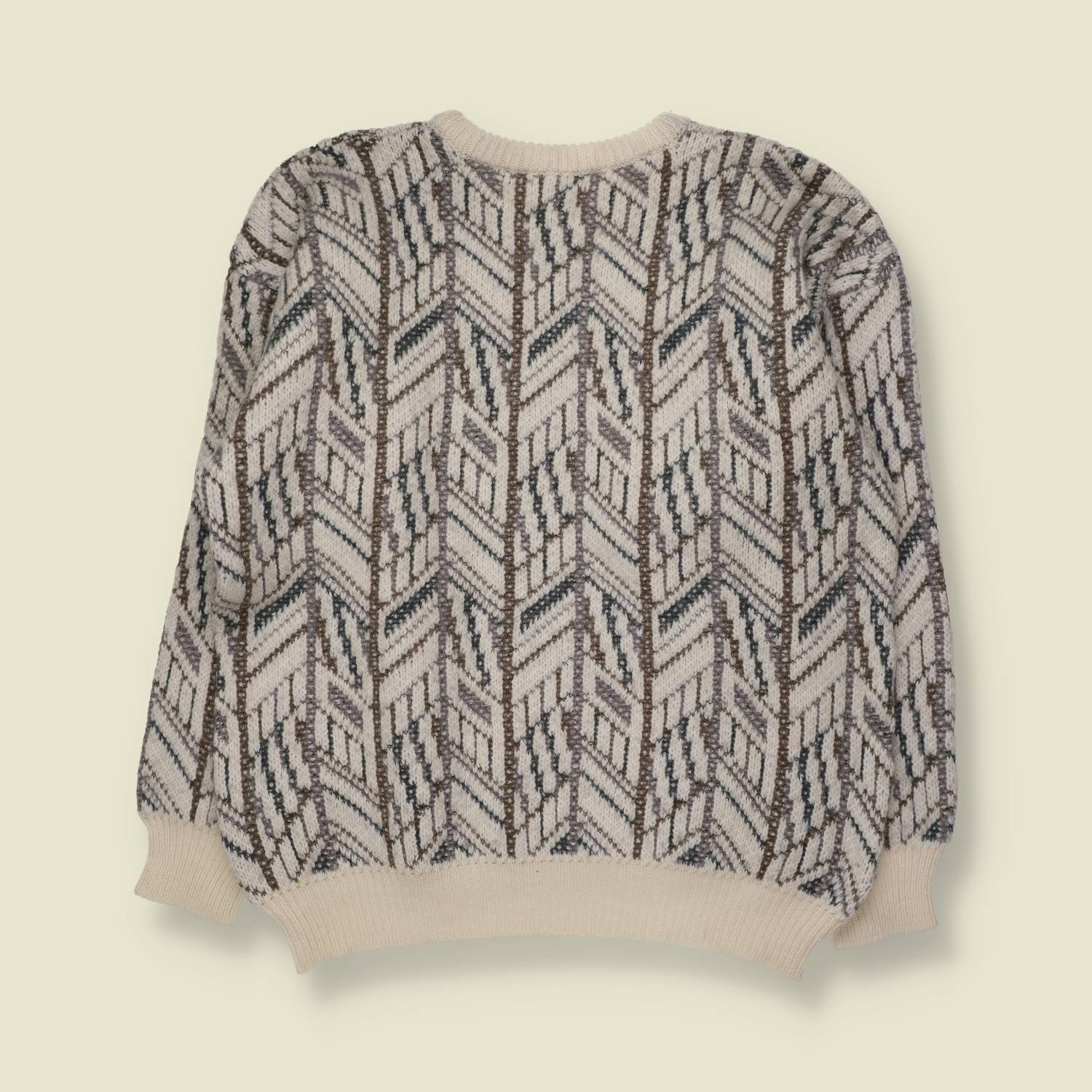 1980s | Geometric Pattern Knit Sweater | Cream, Brown & Grey - M