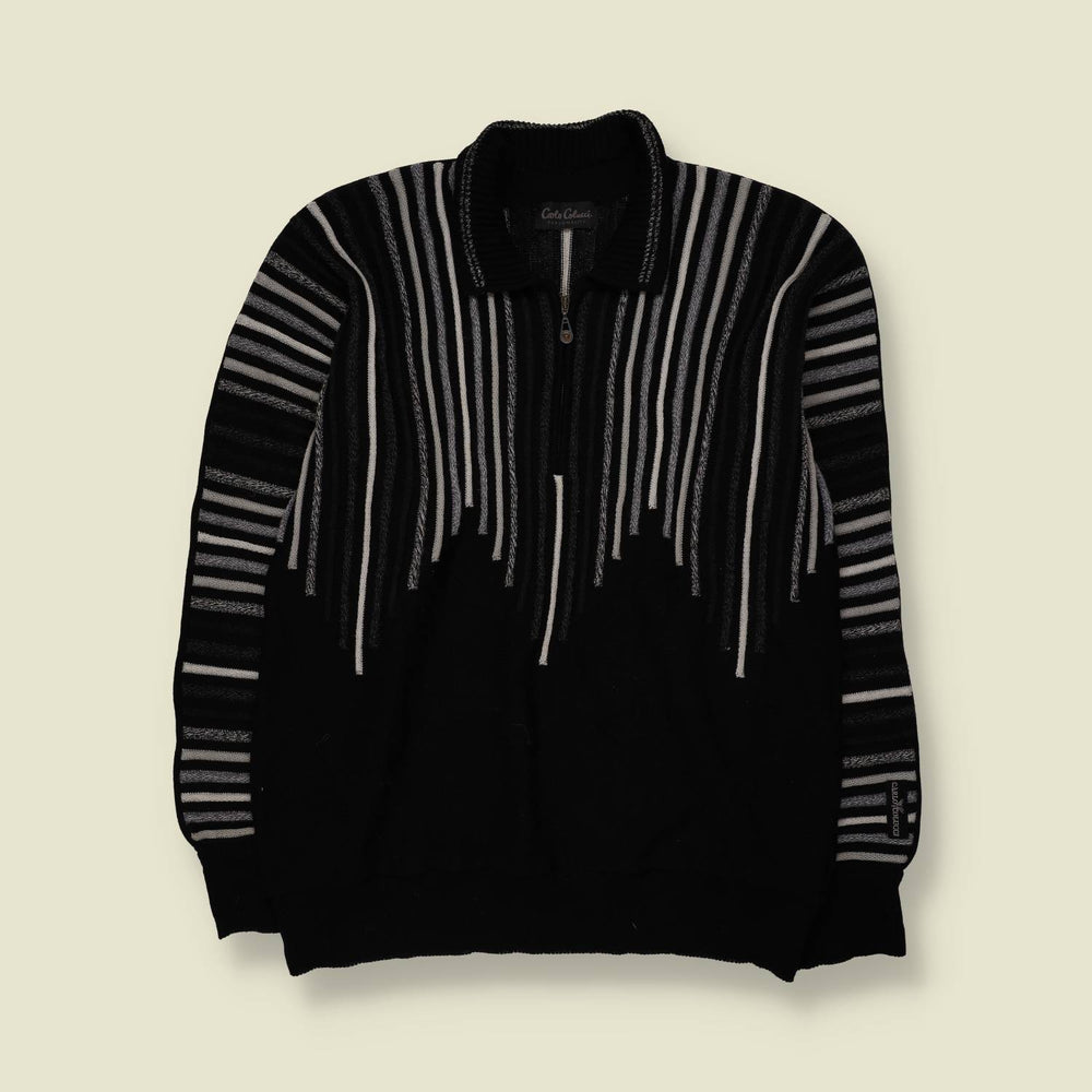1980s | Carlo Colucci | Striped Half-Zip Knit Sweater | Black, Grey & White - L