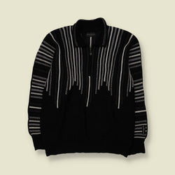 1980s | Carlo Colucci | Striped Half-Zip Knit Sweater | Black, Grey & White - L