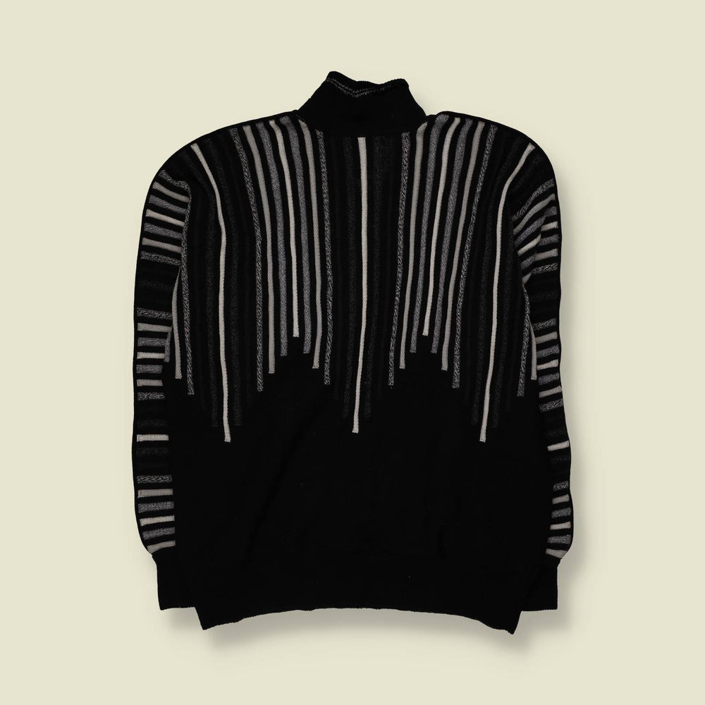 1980s | Carlo Colucci | Striped Half-Zip Knit Sweater | Black, Grey & White - L