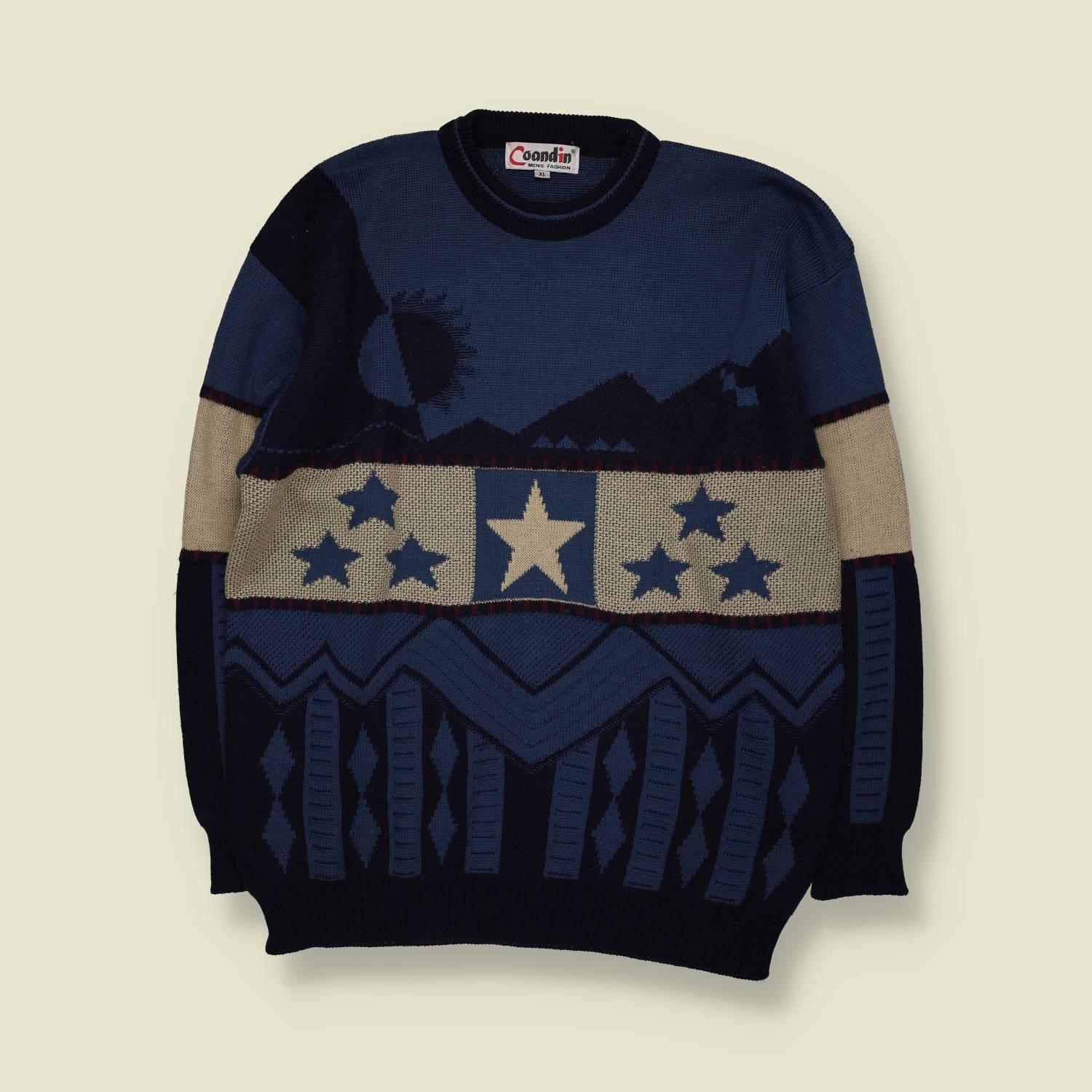 1980s | Coandin’ | Stars & Geometric Knit Sweater | Blue & Cream - XL