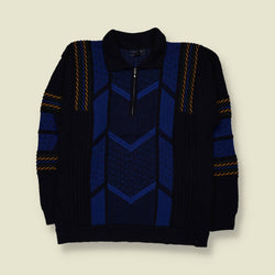 1980s | Geometric Half-Zip Knit Sweater | Blue, Black & Mustard - M