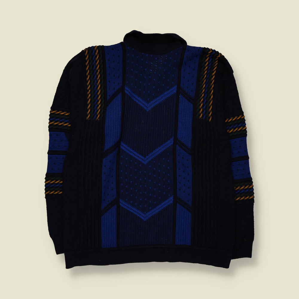 1980s | Geometric Half-Zip Knit Sweater | Blue, Black & Mustard - M