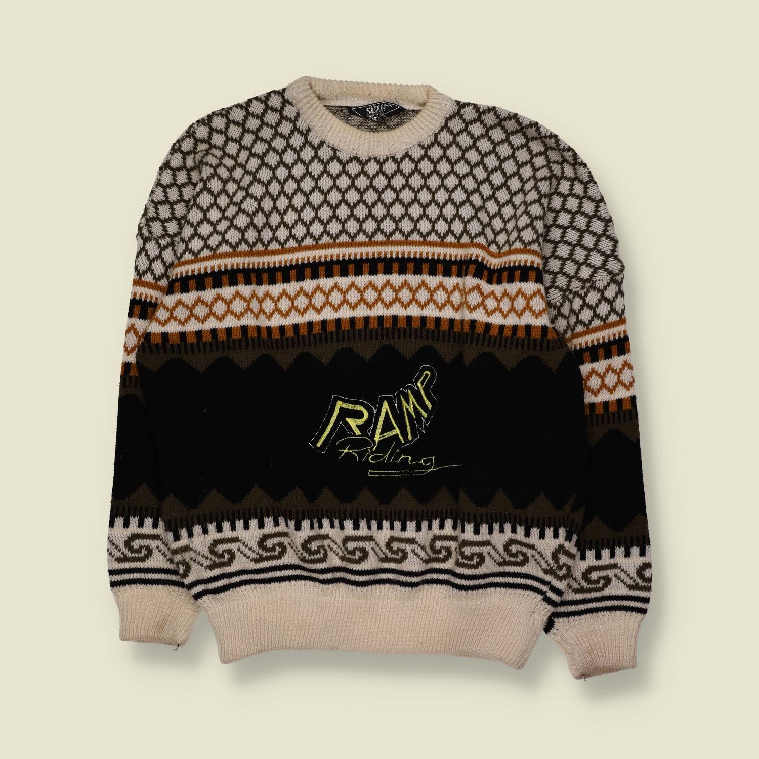 1980s | Suzi | Patterned Knit Sweater | Cream, Brown & Black - XL