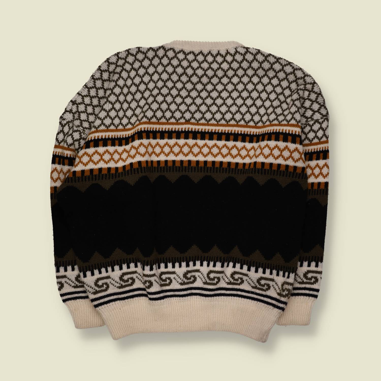 1980s | Suzi | Patterned Knit Sweater | Cream, Brown & Black - XL