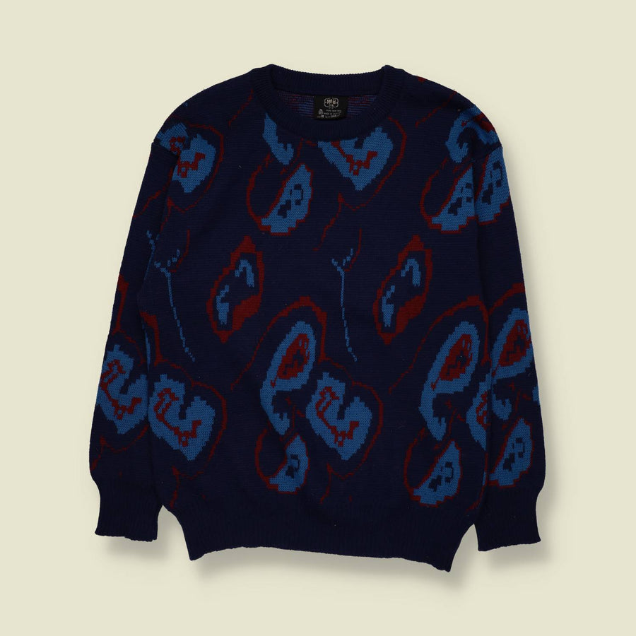1980s | MRN | 100% Wool Abstract Paisley Knit Sweater | Navy, Blue & Burgundy - S