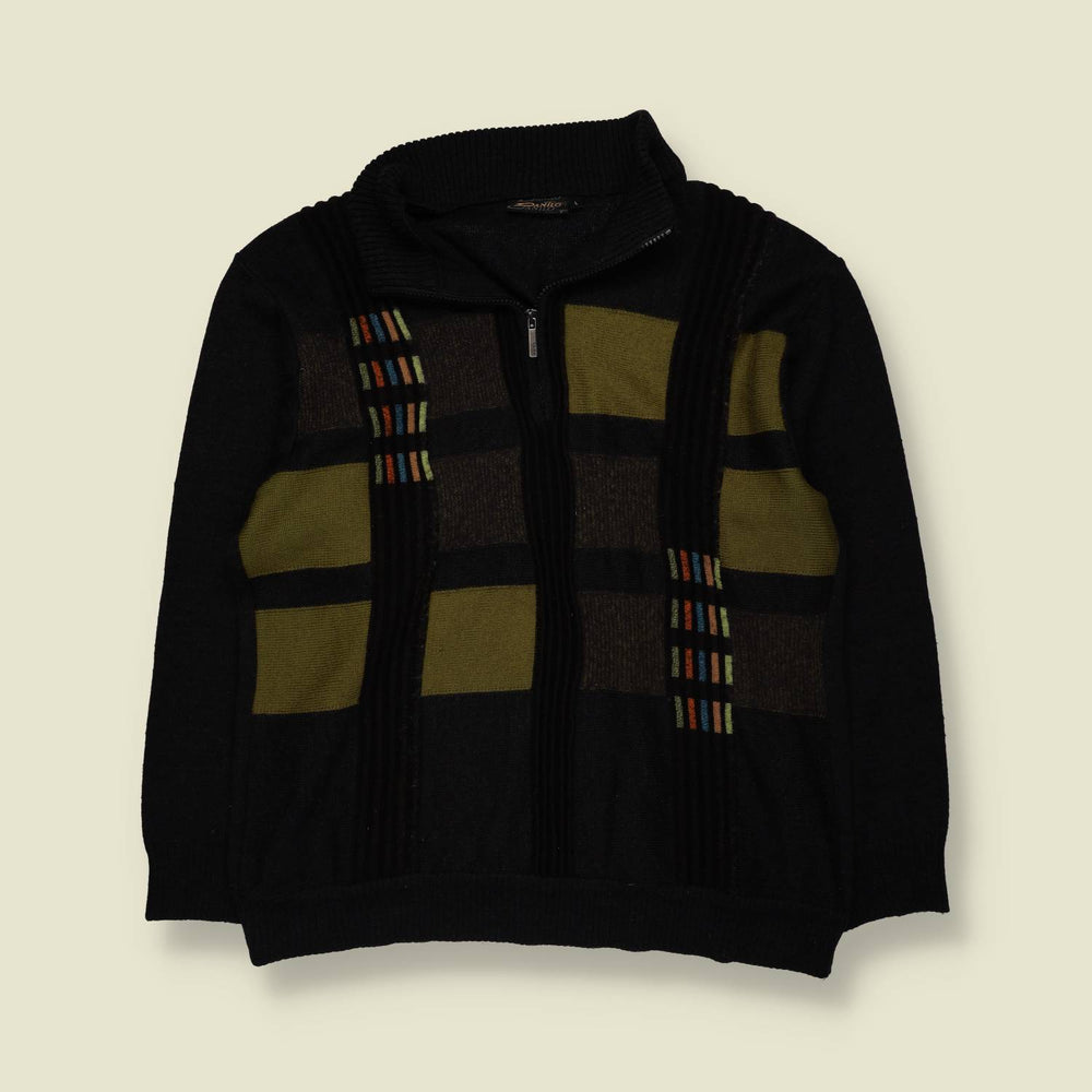 1980s | Danilo | Geometric Half-Zip Knit Sweater | Black, Olive & Brown - S