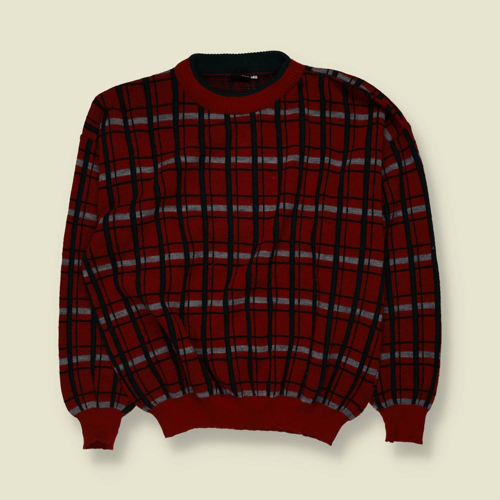 1980s | Boxy Plaid Knit Sweater | Red, Black & Grey - XL