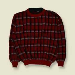 1980s | Boxy Plaid Knit Sweater | Red, Black & Grey - XL