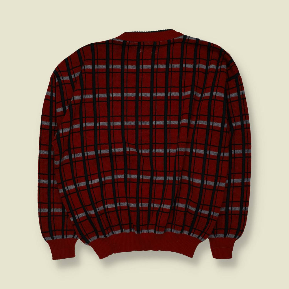 1980s | Boxy Plaid Knit Sweater | Red, Black & Grey - XL