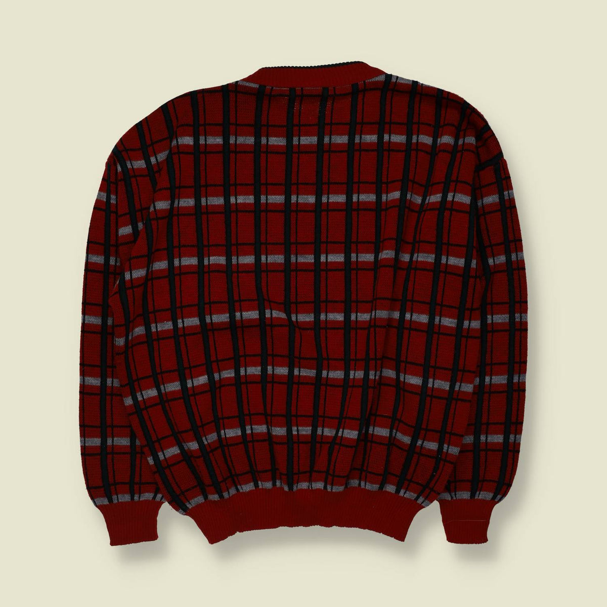 1980s | Boxy Plaid Knit Sweater | Red, Black & Grey - XL
