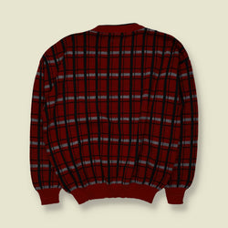 1980s | Boxy Plaid Knit Sweater | Red, Black & Grey - XL
