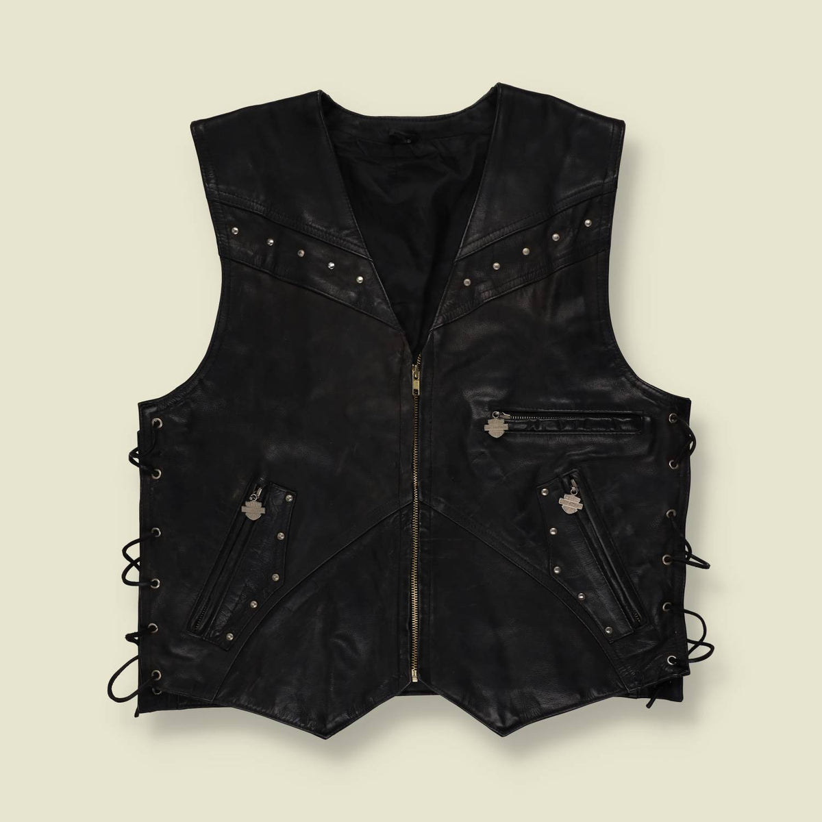 1980s | Harley-Davidson | Studded Leather Biker Vest | Black - S