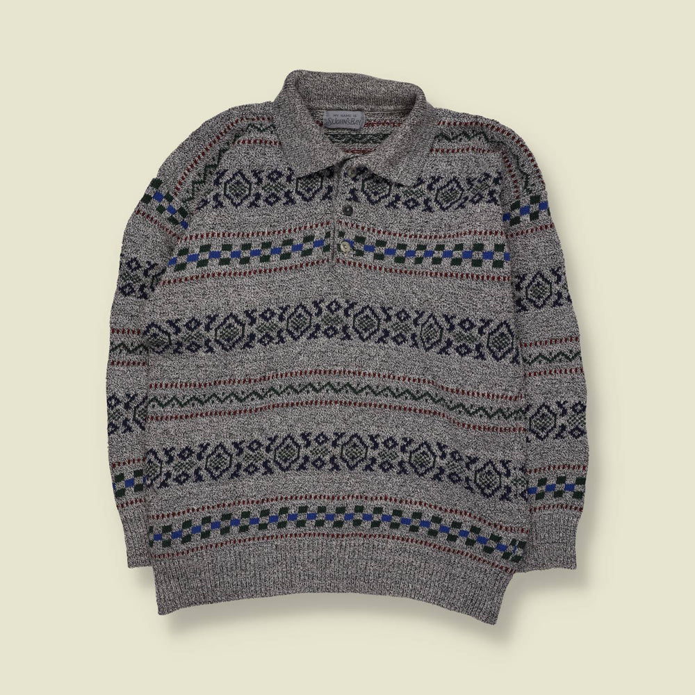 1980s | St. John’s Bay | Patterned Polo Knit Sweater | Grey Multi - M