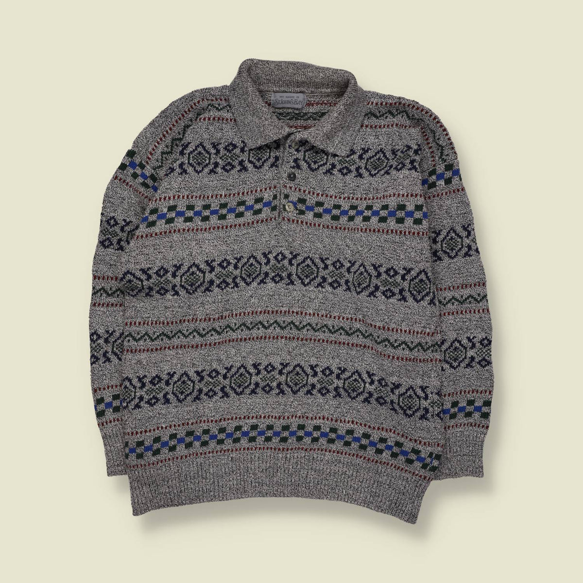 1980s | St. John’s Bay | Patterned Polo Knit Sweater | Grey Multi - M