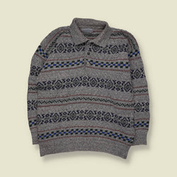 1980s | St. John’s Bay | Patterned Polo Knit Sweater | Grey Multi - M