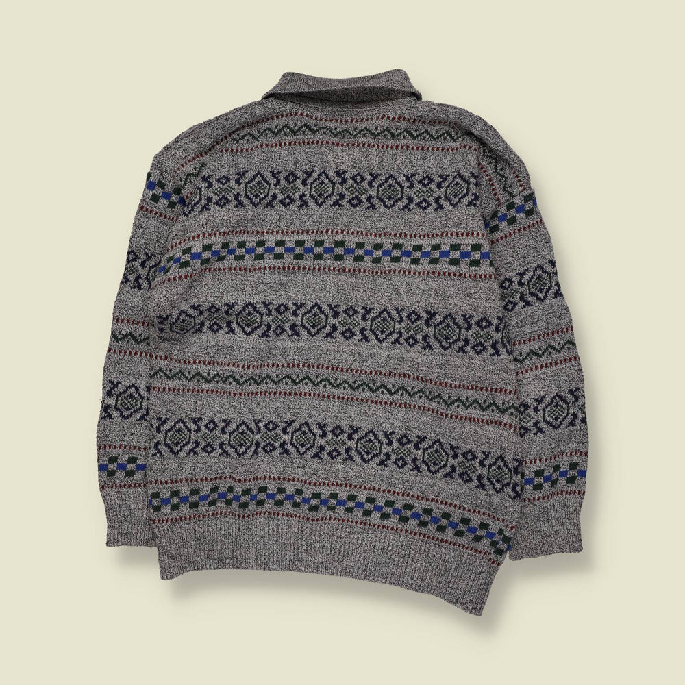 1980s | St. John’s Bay | Patterned Polo Knit Sweater | Grey Multi - M