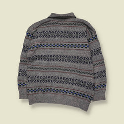 1980s | St. John’s Bay | Patterned Polo Knit Sweater | Grey Multi - M