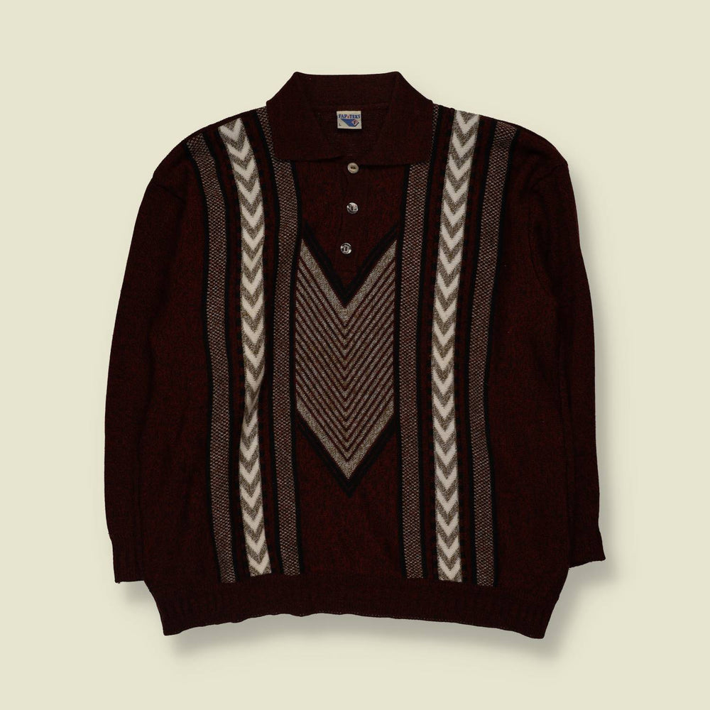 1980s | Faptec | Geometric Polo Knit Sweater | Burgundy, Cream & Black - XL