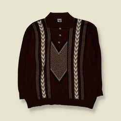 1980s | Faptec | Geometric Polo Knit Sweater | Burgundy, Cream & Black - XL