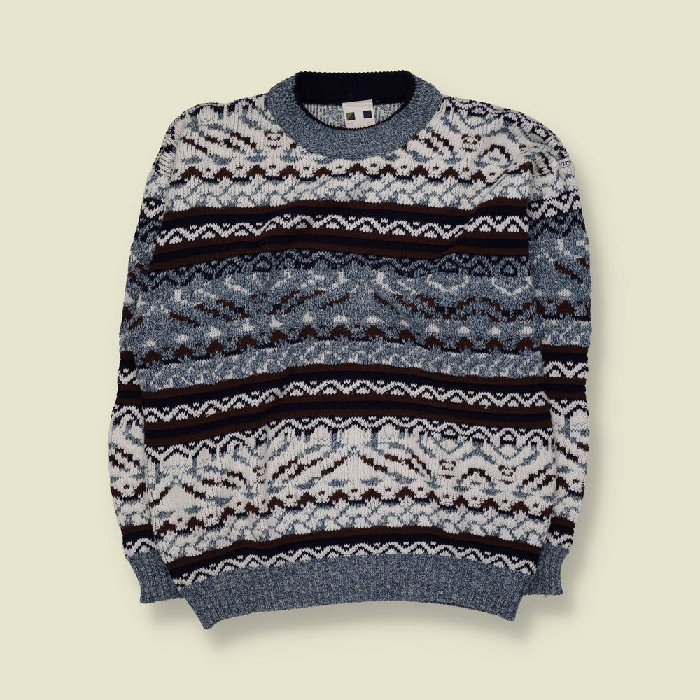 1980s | Twilight | Patterned Knit Sweater | Blue, Cream & Brown - L