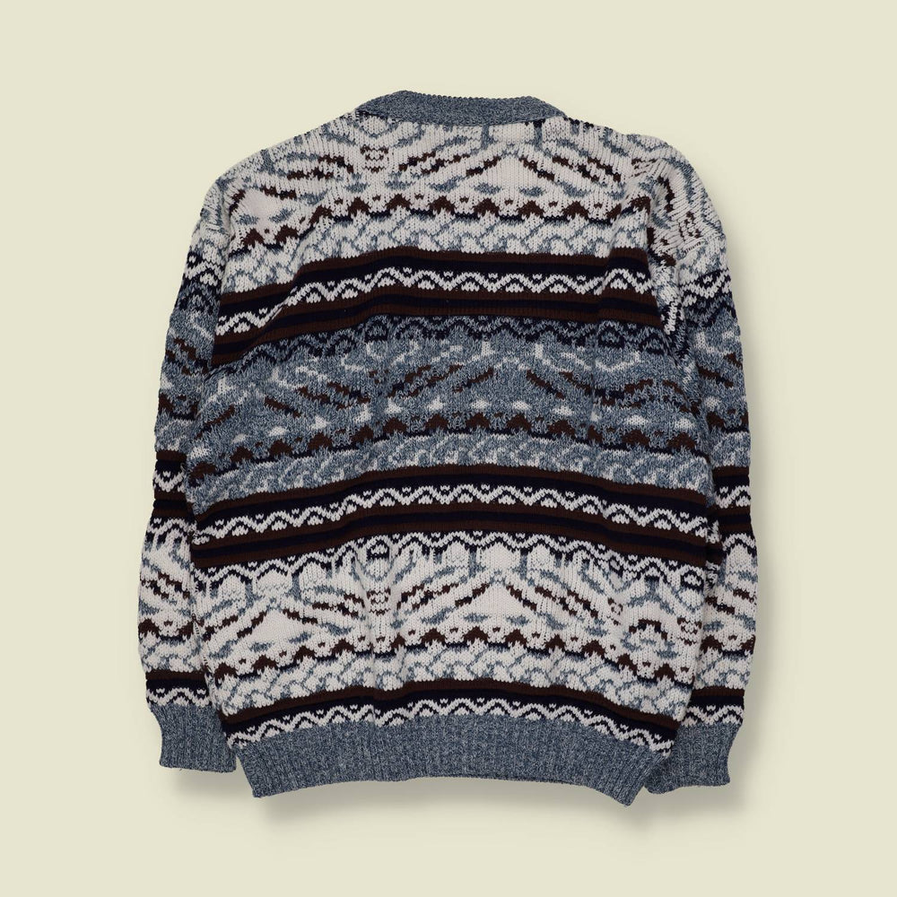 1980s | Twilight | Patterned Knit Sweater | Blue, Cream & Brown - L