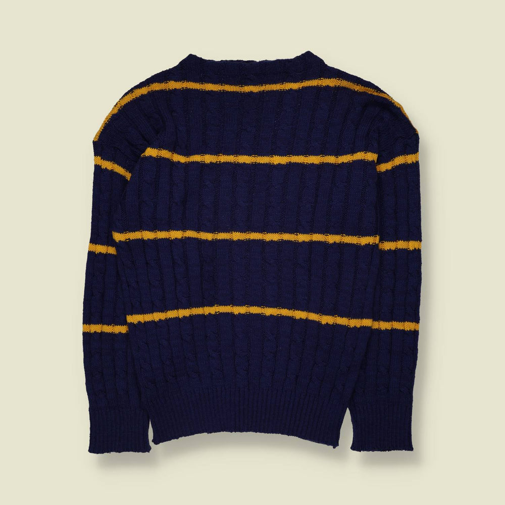 1980s | Claudio | Striped Cable Knit Sweater | Navy & Mustard - S
