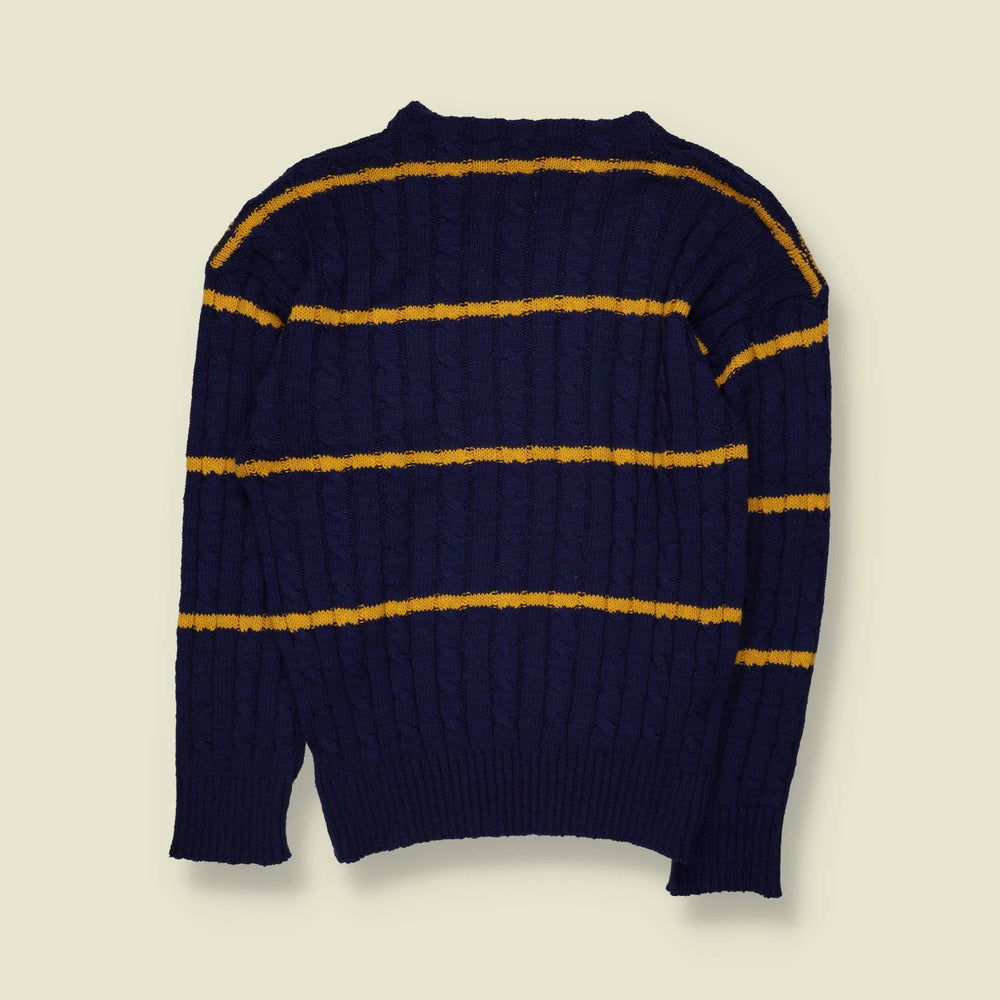 1980s | Claudio | Striped Cable Knit Sweater | Navy & Mustard - S