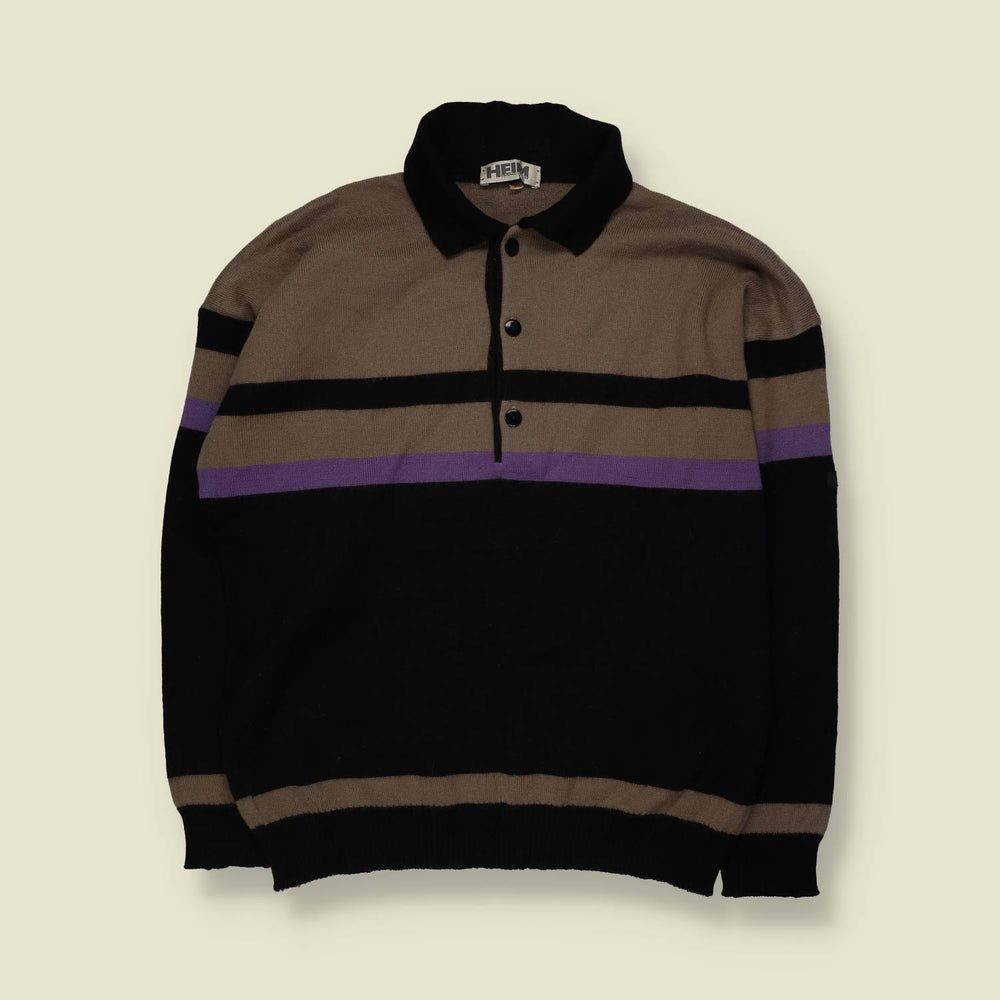 1980s | Heim | Striped Polo Knit Sweater | Black, Taupe & Purple - XL