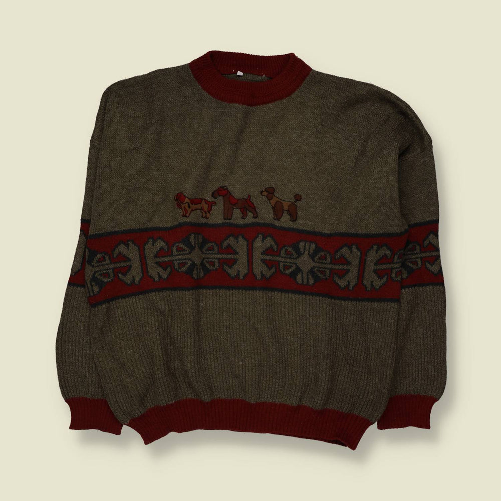 1980s | Novelty Dog Knit Sweater | Grey & Burgundy - XL