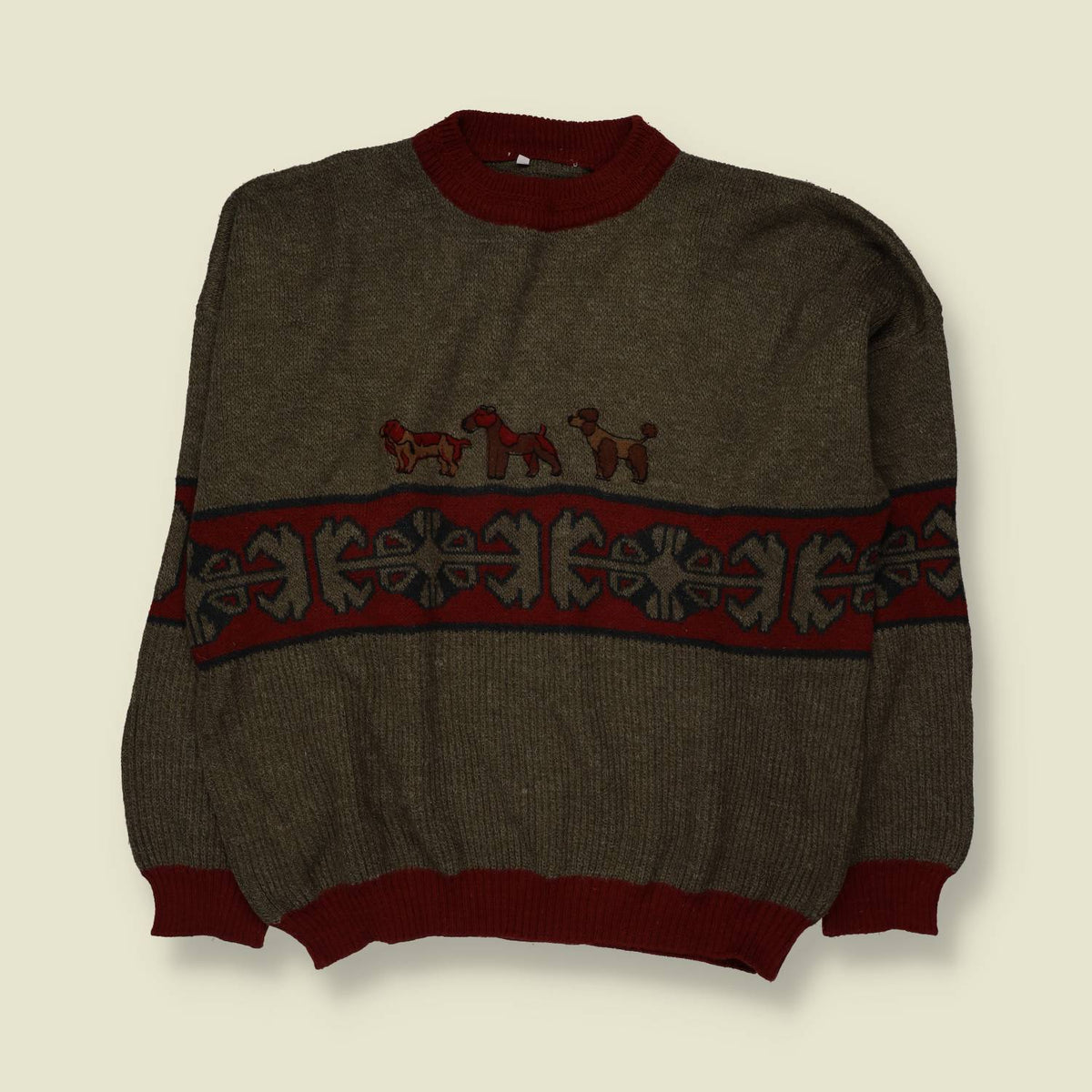 1980s | Novelty Dog Knit Sweater | Grey & Burgundy - XL