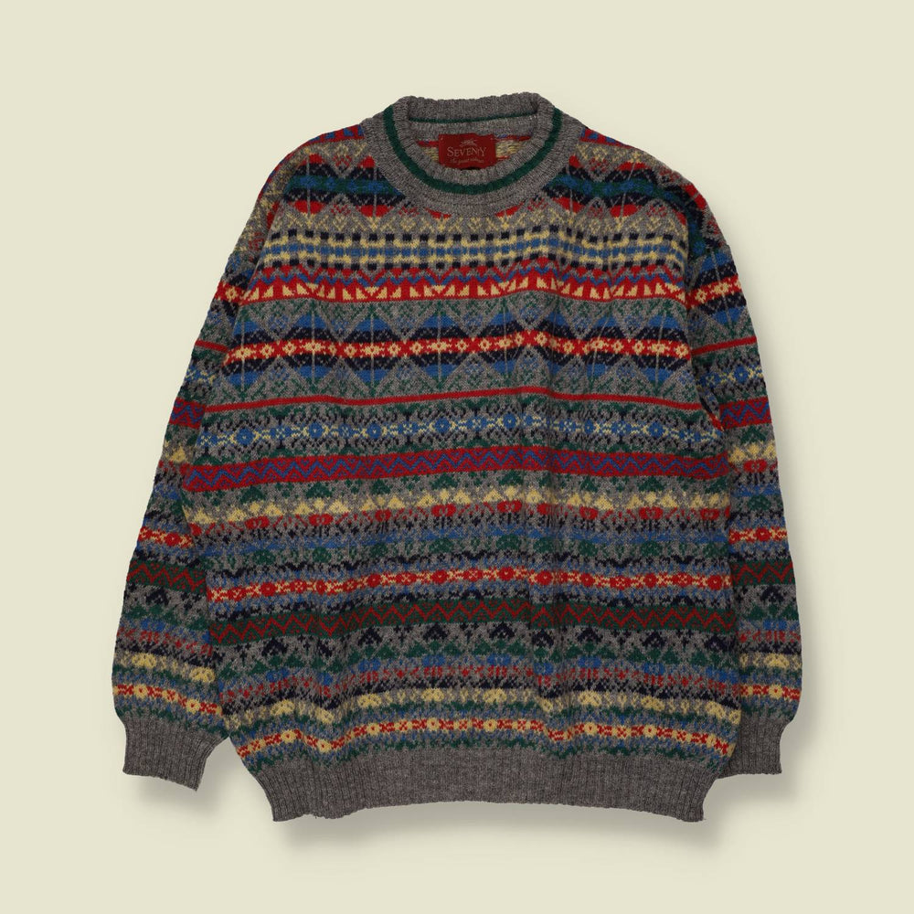 1980s | Seveny | Fair Isle Knit Sweater | Grey Multi - XL