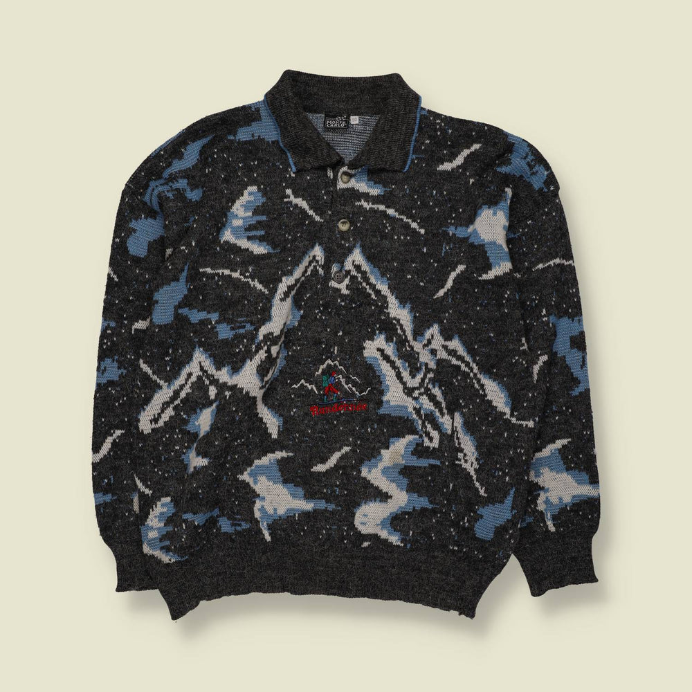 1980s | Monte Carlo | Mountain Scene Polo Knit Sweater | Grey, Blue & White - L