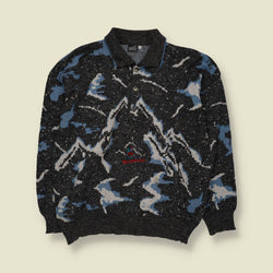1980s | Monte Carlo | Mountain Scene Polo Knit Sweater | Grey, Blue & White - L