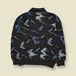 1980s | Monte Carlo | Mountain Scene Polo Knit Sweater | Grey, Blue & White - L