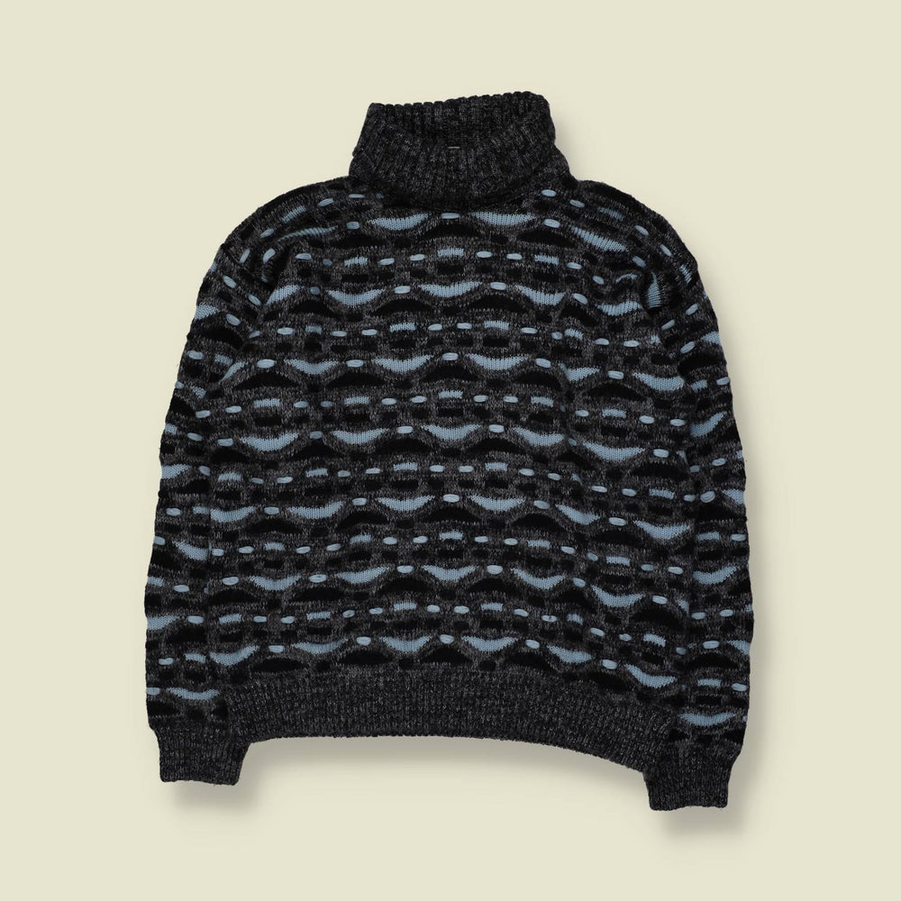 1980s | Abstract Roll Neck Knit Sweater | Charcoal, Black & Blue - M
