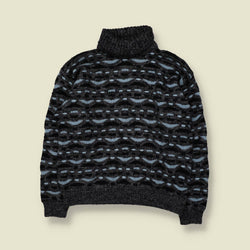 1980s | Abstract Roll Neck Knit Sweater | Charcoal, Black & Blue - M