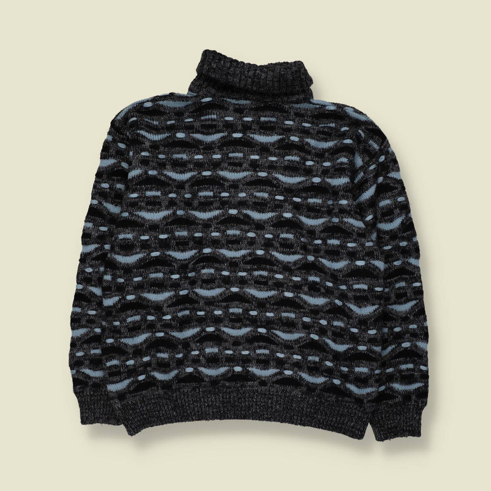 1980s | Abstract Roll Neck Knit Sweater | Charcoal, Black & Blue - M