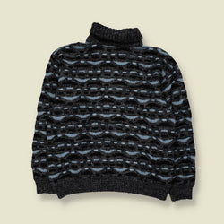 1980s | Abstract Roll Neck Knit Sweater | Charcoal, Black & Blue - M