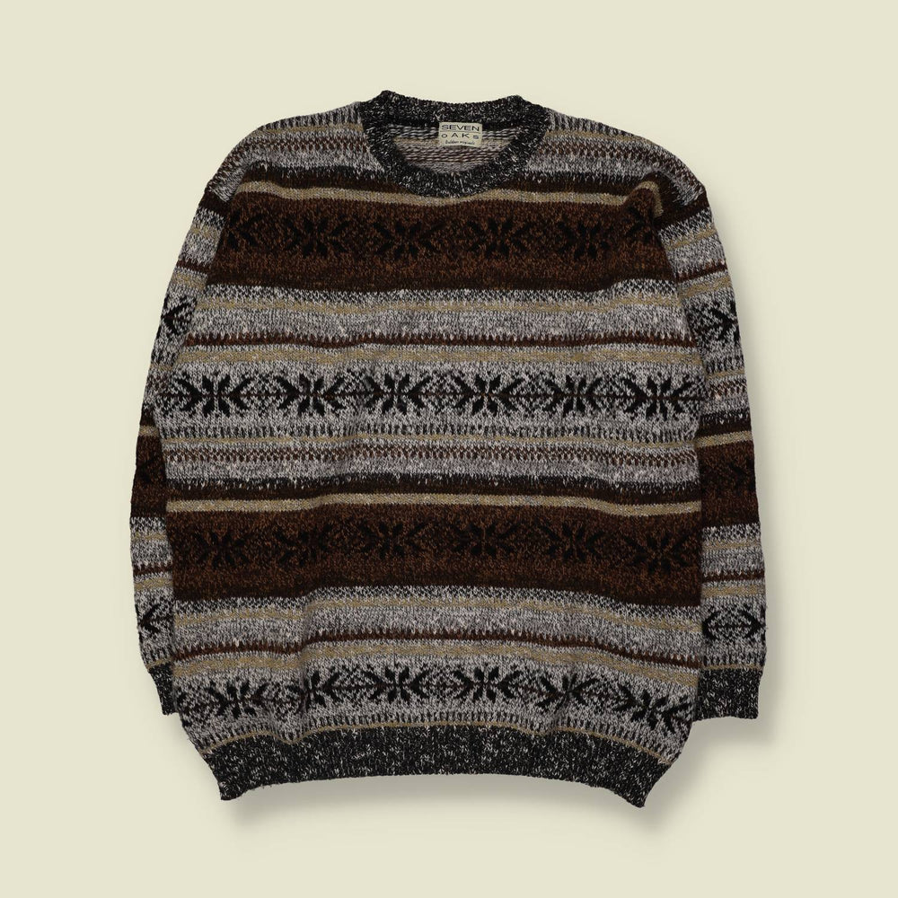 1980s | Seven Oaks | Fair Isle Knit Sweater | Brown, Cream & Black - XL