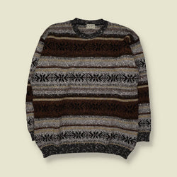 1980s | Seven Oaks | Fair Isle Knit Sweater | Brown, Cream & Black - XL