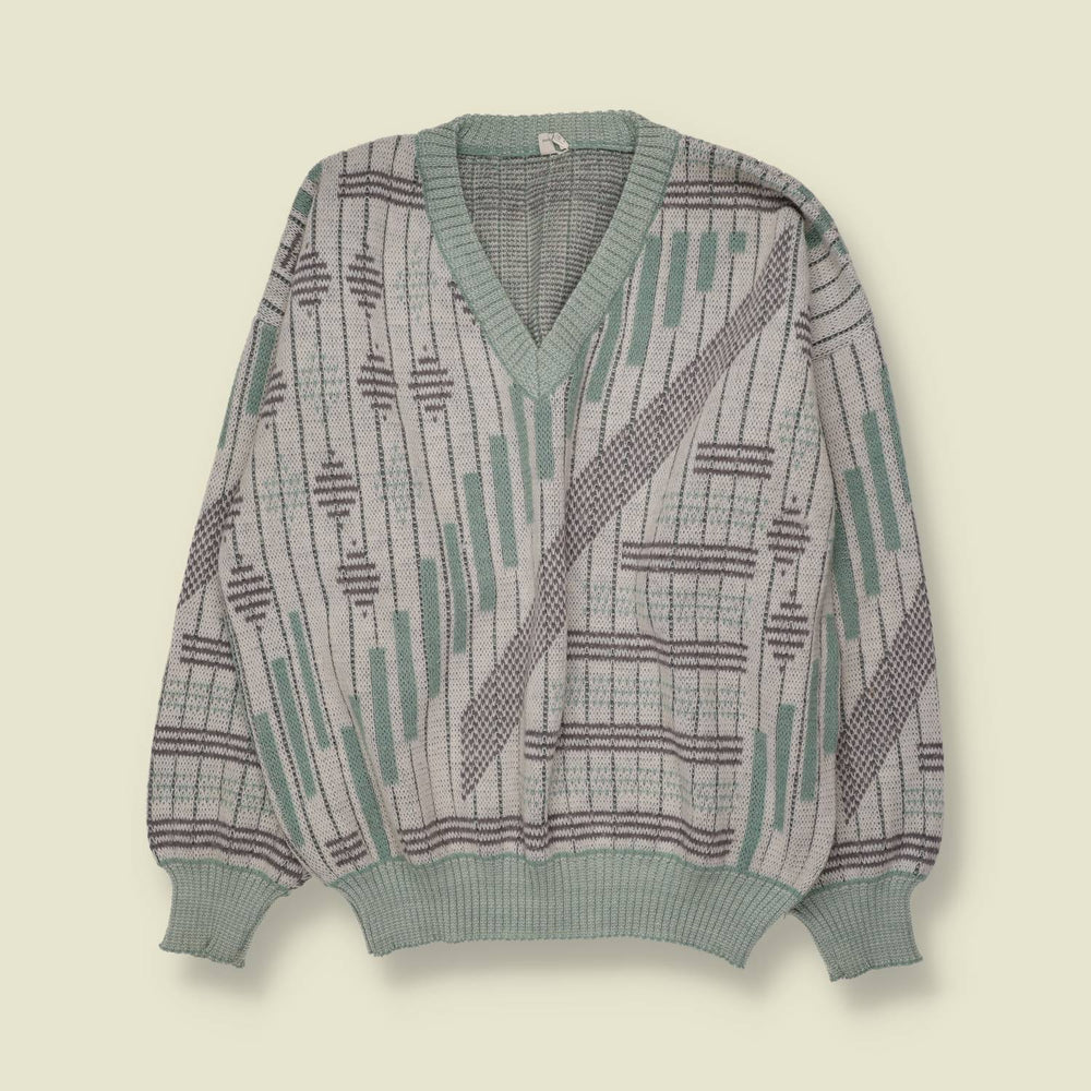 1980s | Geometric V-Neck Knit Sweater | Mint, Grey & White - XL