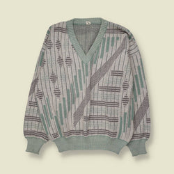 1980s | Geometric V-Neck Knit Sweater | Mint, Grey & White - XL