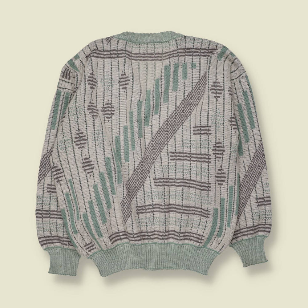 1980s | Geometric V-Neck Knit Sweater | Mint, Grey & White - XL