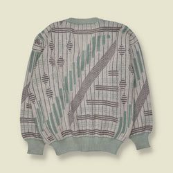 1980s | Geometric V-Neck Knit Sweater | Mint, Grey & White - XL