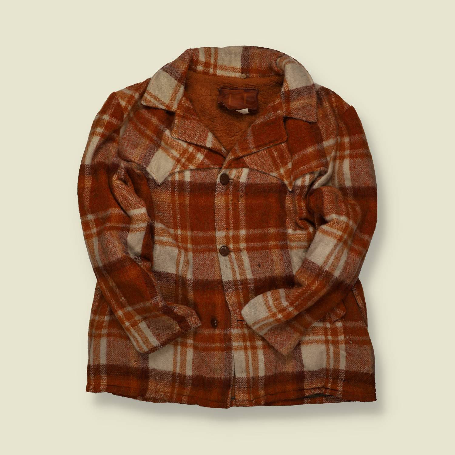 1970s | Wool Plaid Sherpa-Lined Coat – Rust/Cream - XL