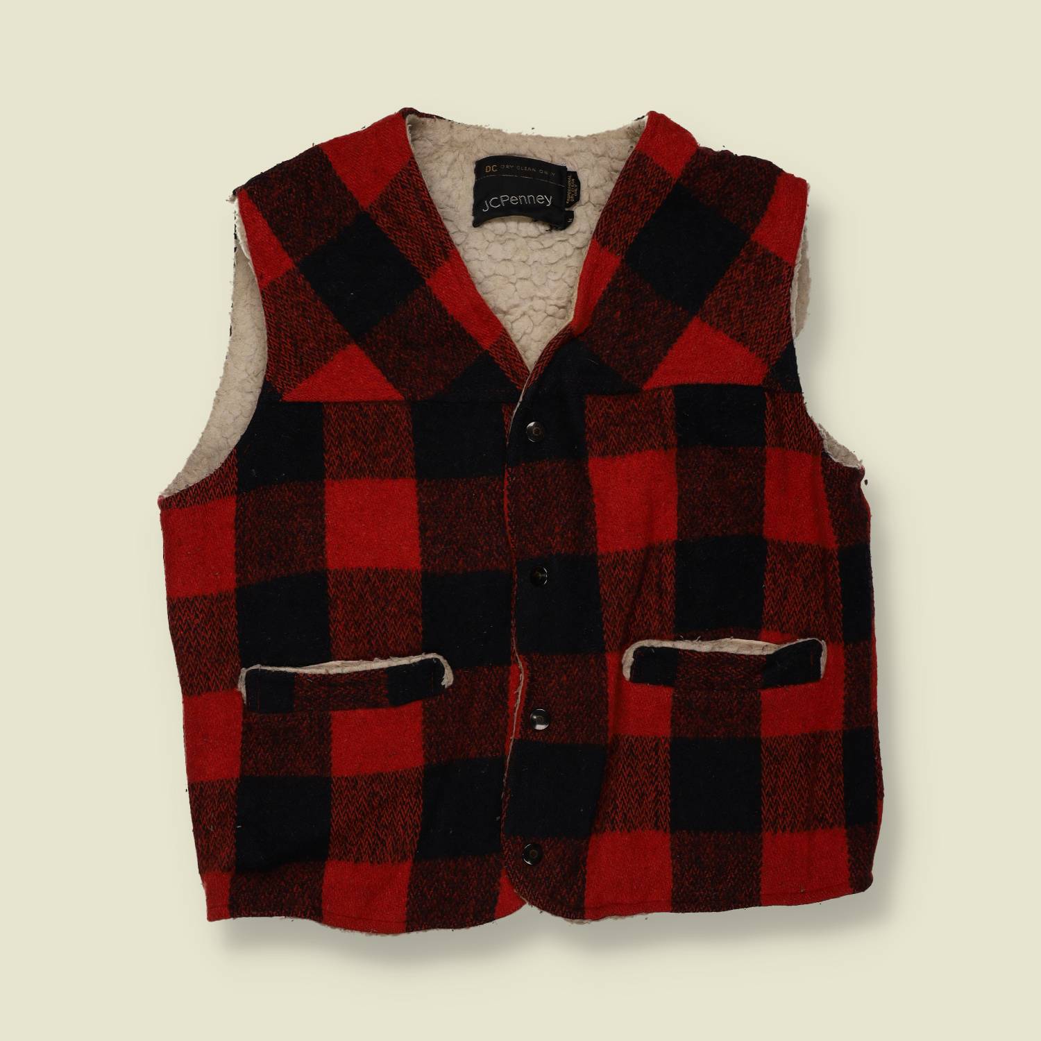 1960s–70s | JCPenney | Sherpa-Lined Buffalo Vest – Red/Black - S/M