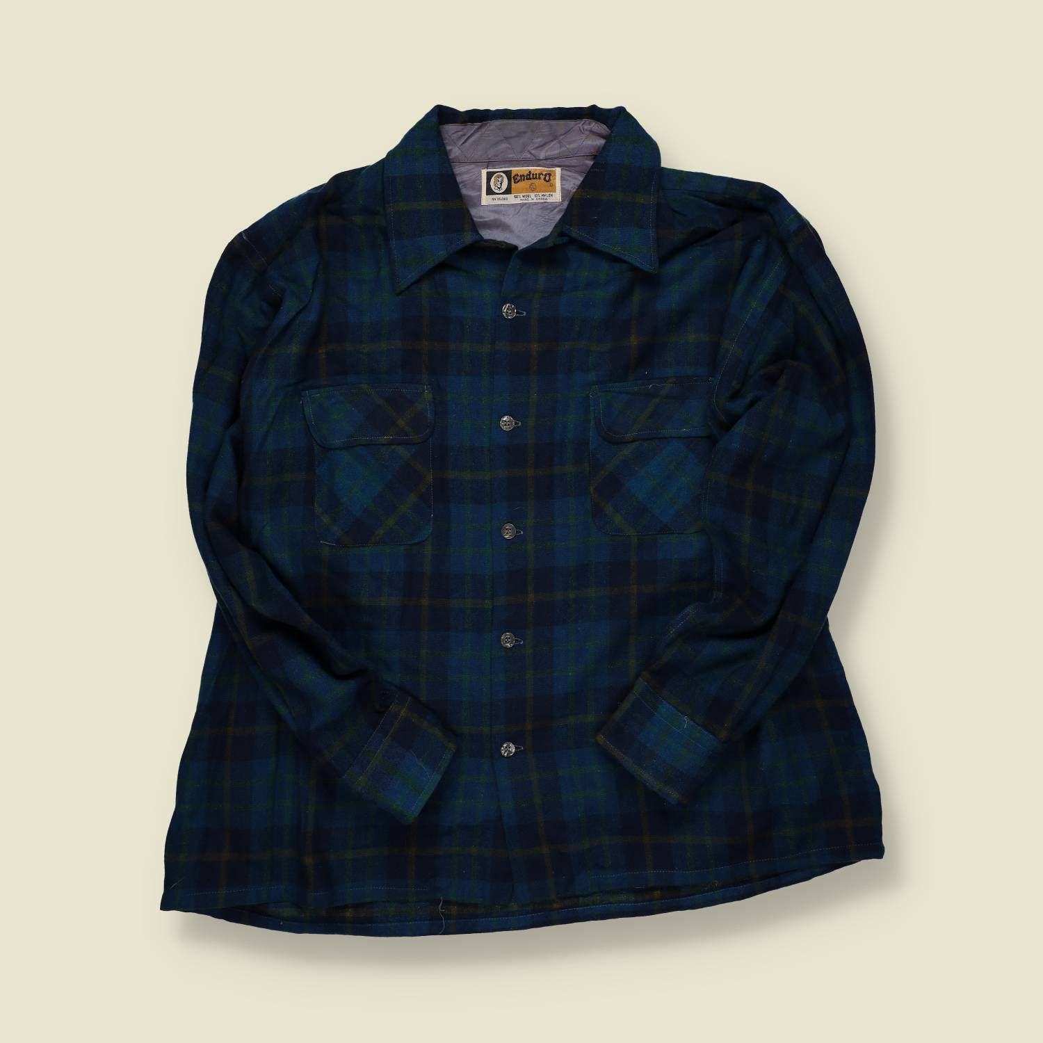 1970s | Enduro | Wool Plaid Overshirt – Blue/Green - XL