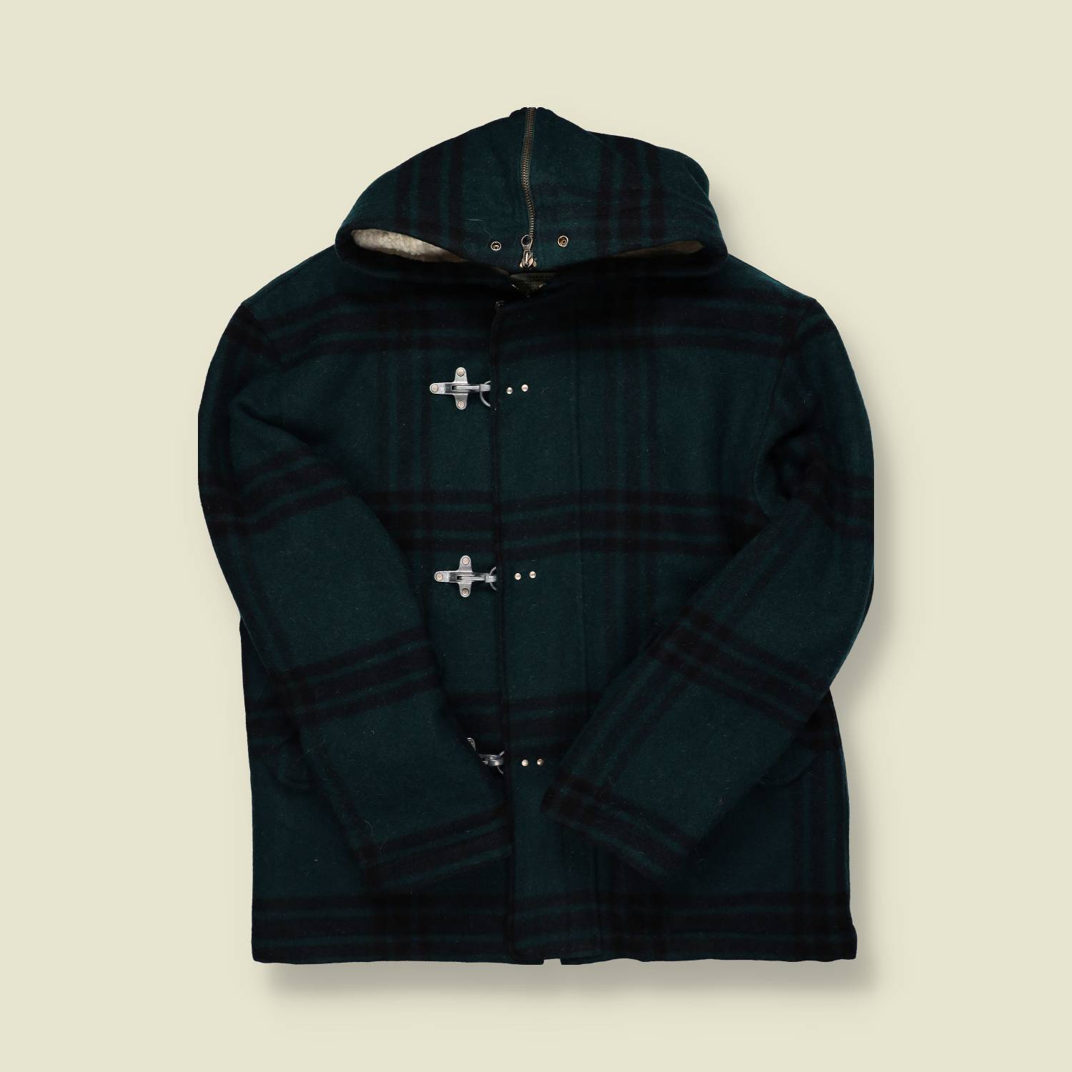 1990s | United Colors of Benetton | Wool Duffle Coat – Green Check - L/XL